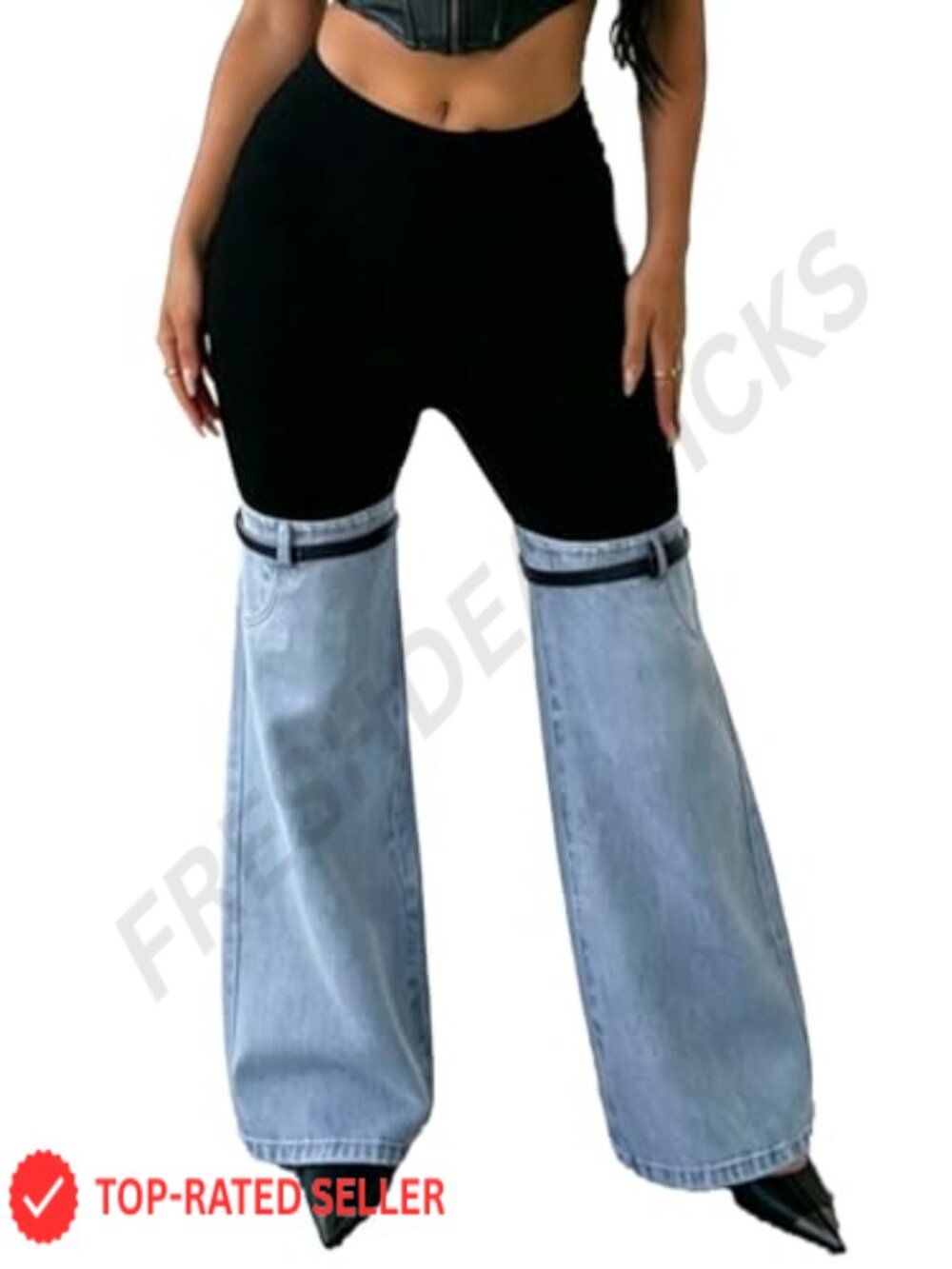 High Waisted Color Block Flare Jeans Tummy Control Patchwork Denim
